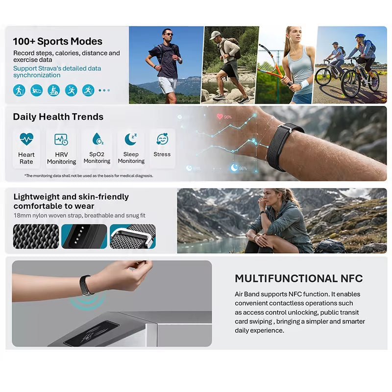 Air Band Smart Bracelet Man Woman Heart Rate Blood Pressure Sleep Calorie Fitness Tracker Waterproof NFC New Smartwatch